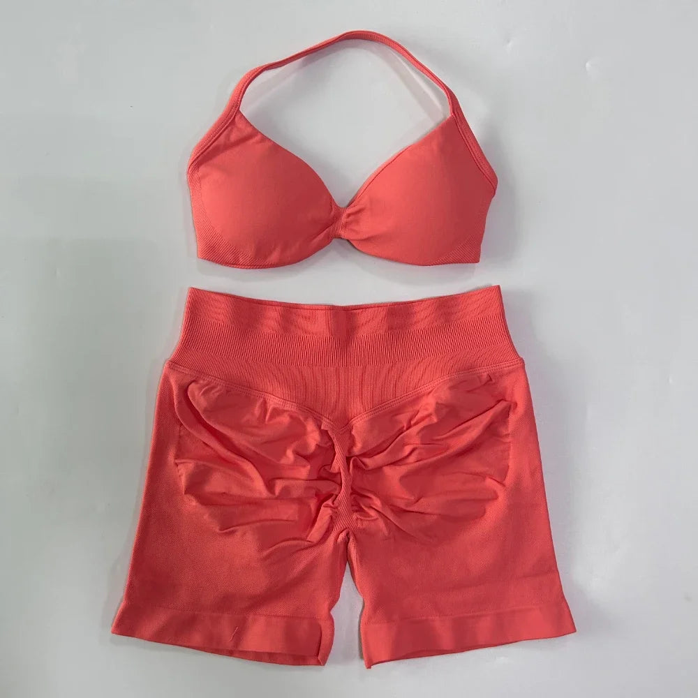 NO LOGO 2PCS Gym Set Women Strappy Yoga Bra Top High Waist Workout Scrunch Shorts Sports Suit Seamless Yoga Set Fitness Clothes