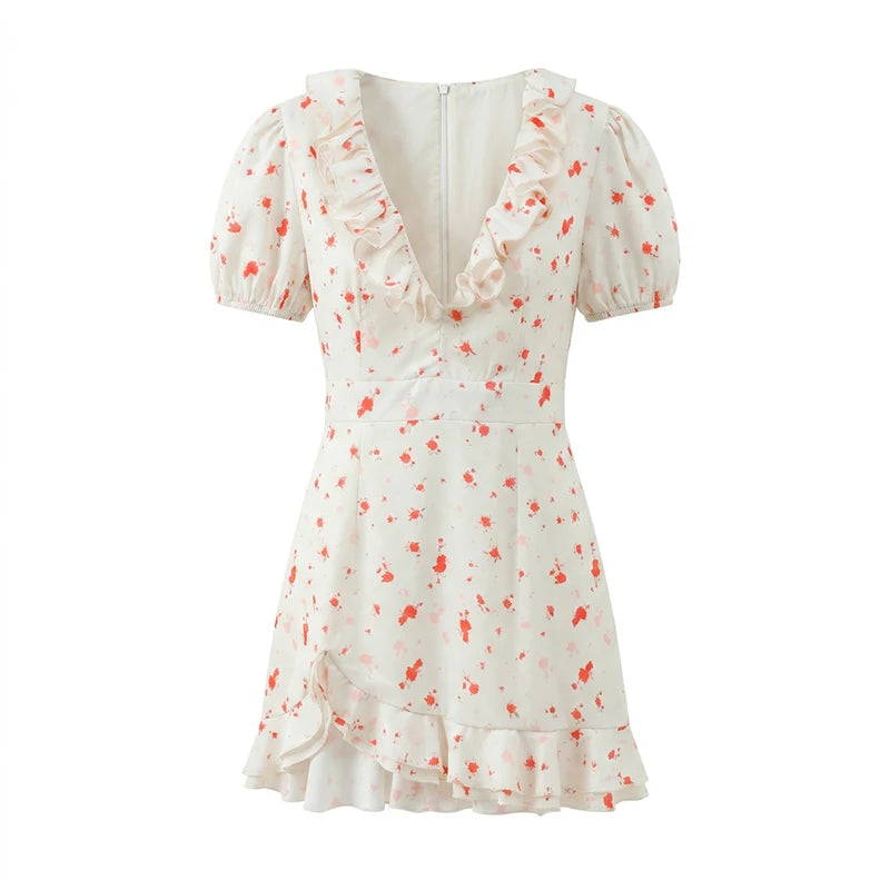 Elegant Floral Printed Mini Dress Women V-neck Short Sleeves Waist-cinching Ruffle Hem Dresses 2026 Lady Summer Vacation Gowns