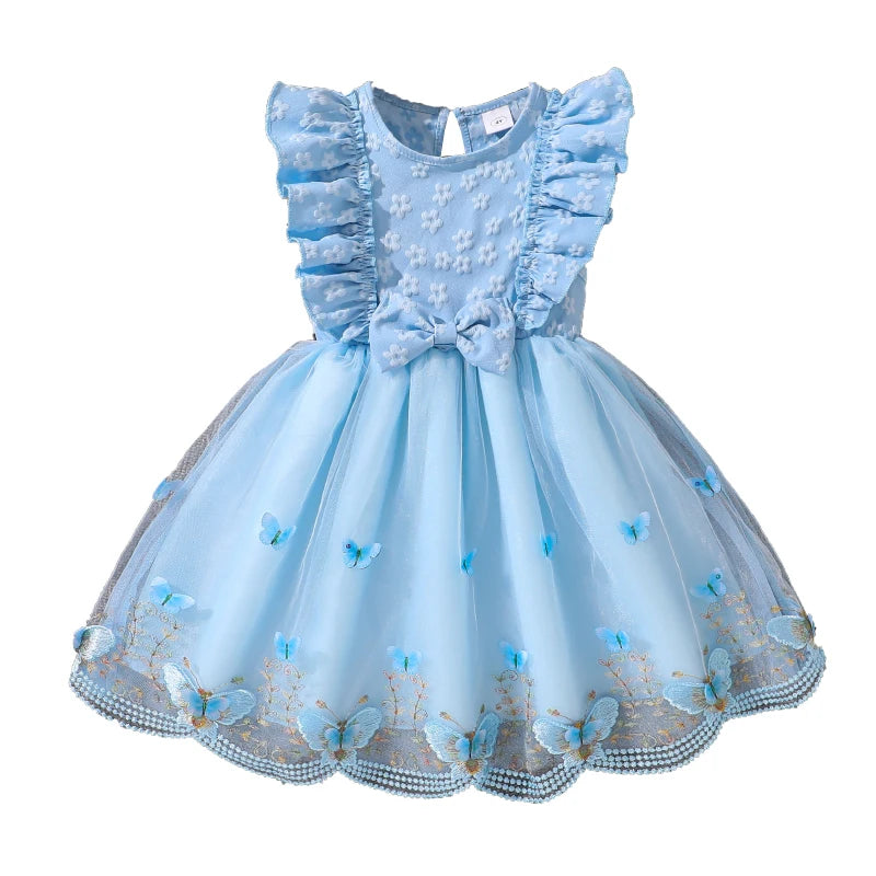 Kids Princess Dress For Girls O-Neck Wing-Sleeve Bowknot Floral Print Embroidery 4-7 Years Summer Sweet Birthday Party Clothing