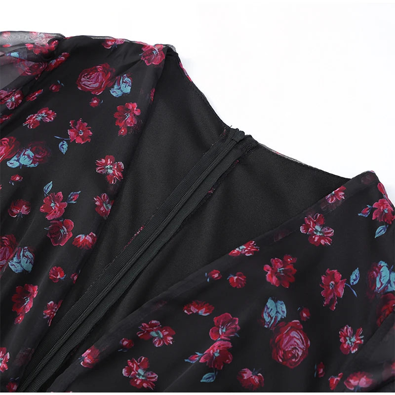 Elegant Flora Painted Ruffle Mini Dress Women Chic Full Sleeve Deep V-neck Slim A-line Dresses 2026 Lady Holiday Street Robe New