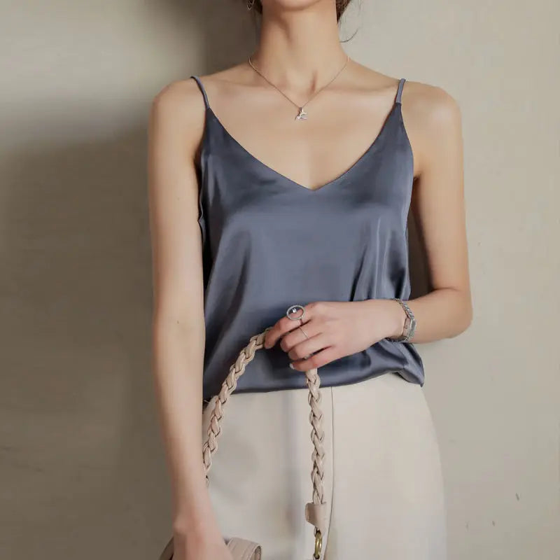 Women Halter V Neck Basic White Cami Spaghetti Strap Top Sleeveless Satin Silk 2026 Tank Tops Women'S Summer Camisole