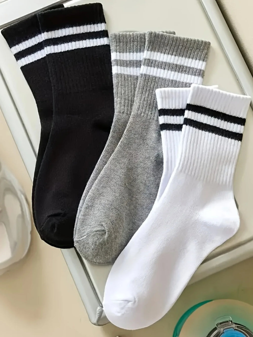3/ 6 pairs Striped mid-calf socks, crew socks, comfortable and breathable, women's white socks, suitable for daily sports wear