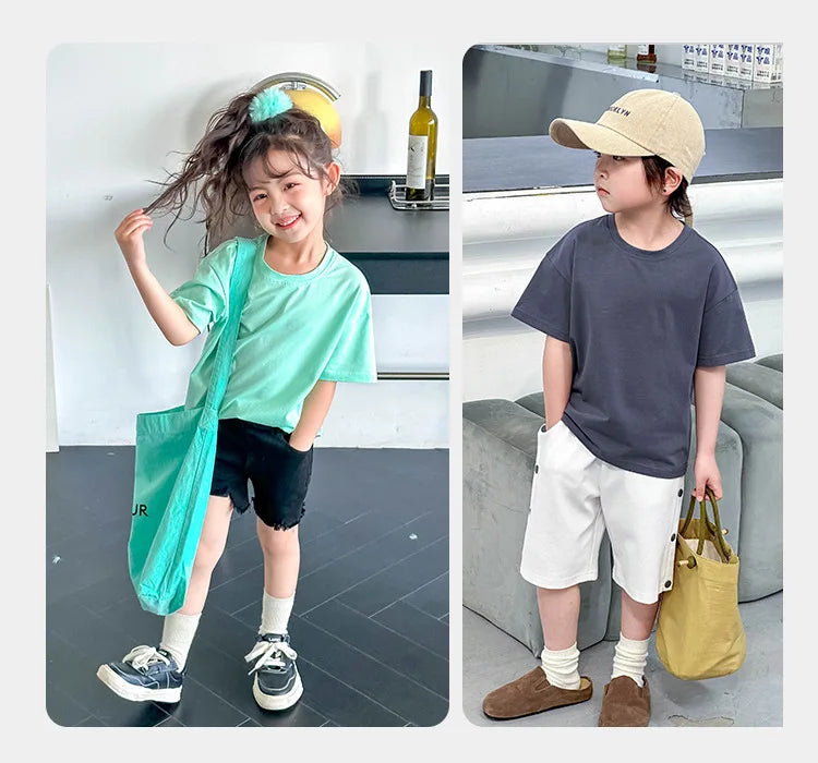 Summer Children's Short Sleeved T-shirt New Fashion Kids Shoulder Down T-shirt Top Cotton Trendy Student  Tee 2-12 Years Old