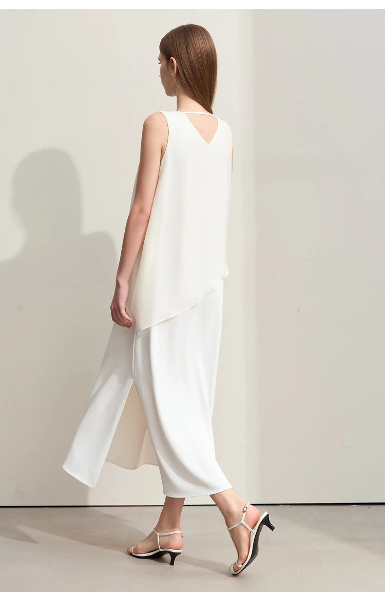 Amii Minimalism 2024 Women Dresses Summer New Vacation Style V-neck Spliced Chiffon Female Sleeveless Loose Dress 12452102
