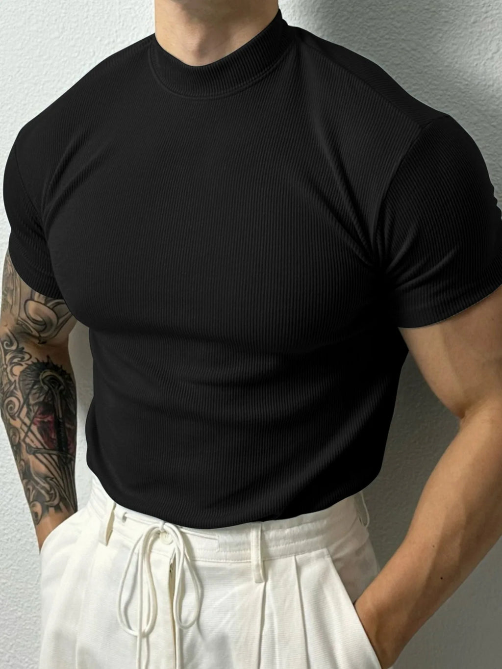 2026 New fashion Men's T-shirt Small high collar stripe shirt short sleeve fitness top leisure sport T-shirt Men sportswear