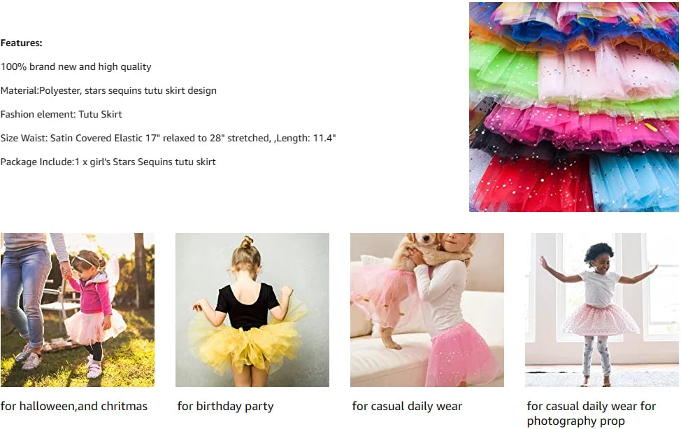 Kids Baby Star Glitter Dance Tutu Skirt For Girl Sequin 3 Layers Tulle Toddler Pettiskirt Children Chiffon 2-8T