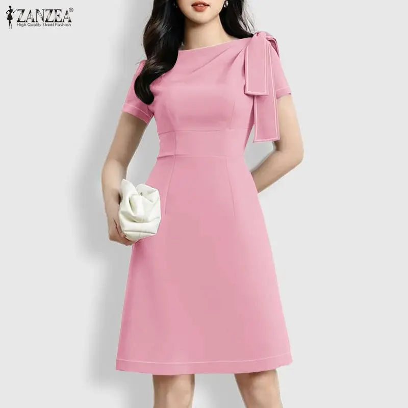 ZANZEA Elegant Women OL Work Dresses 2026 Summer Short Sleeve Solid Knee Length Dress Robe Stylish A Line Waisted Party Vestidos