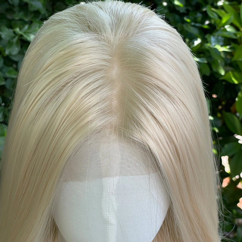 Light Blonde Synthetic Hair 13x4 Lace Front Wigs for Women 26 Inch Long Straight Free Part 150% Density Glueless Half Hand Tied