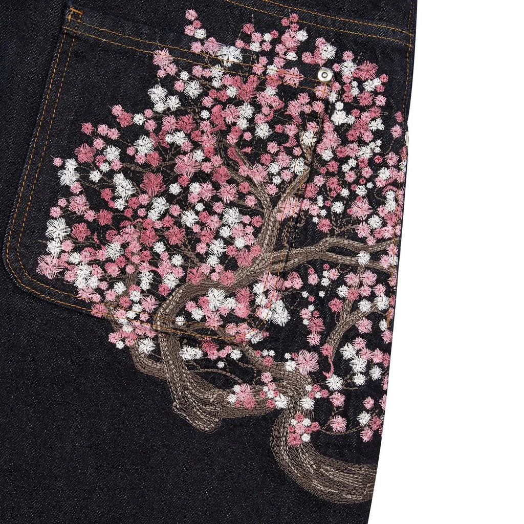 Vintage Cherry Blossom Black Knight Embroidery Jeans Y2k Retro Baggy Straight Denim Pants Blue Wash Jean Men Clothing Streetwear
