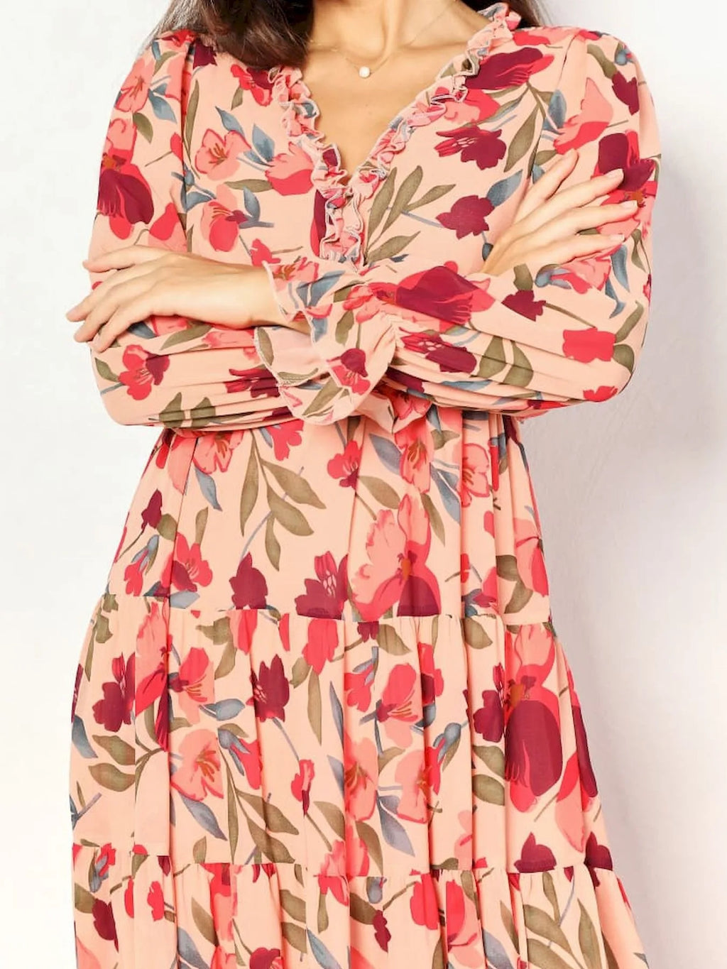 Elegant Floral Print Women Summer Casual Ruffle Layered Long Sleeved V-neck A Line Long Maxi Party Loose Boho Dresses