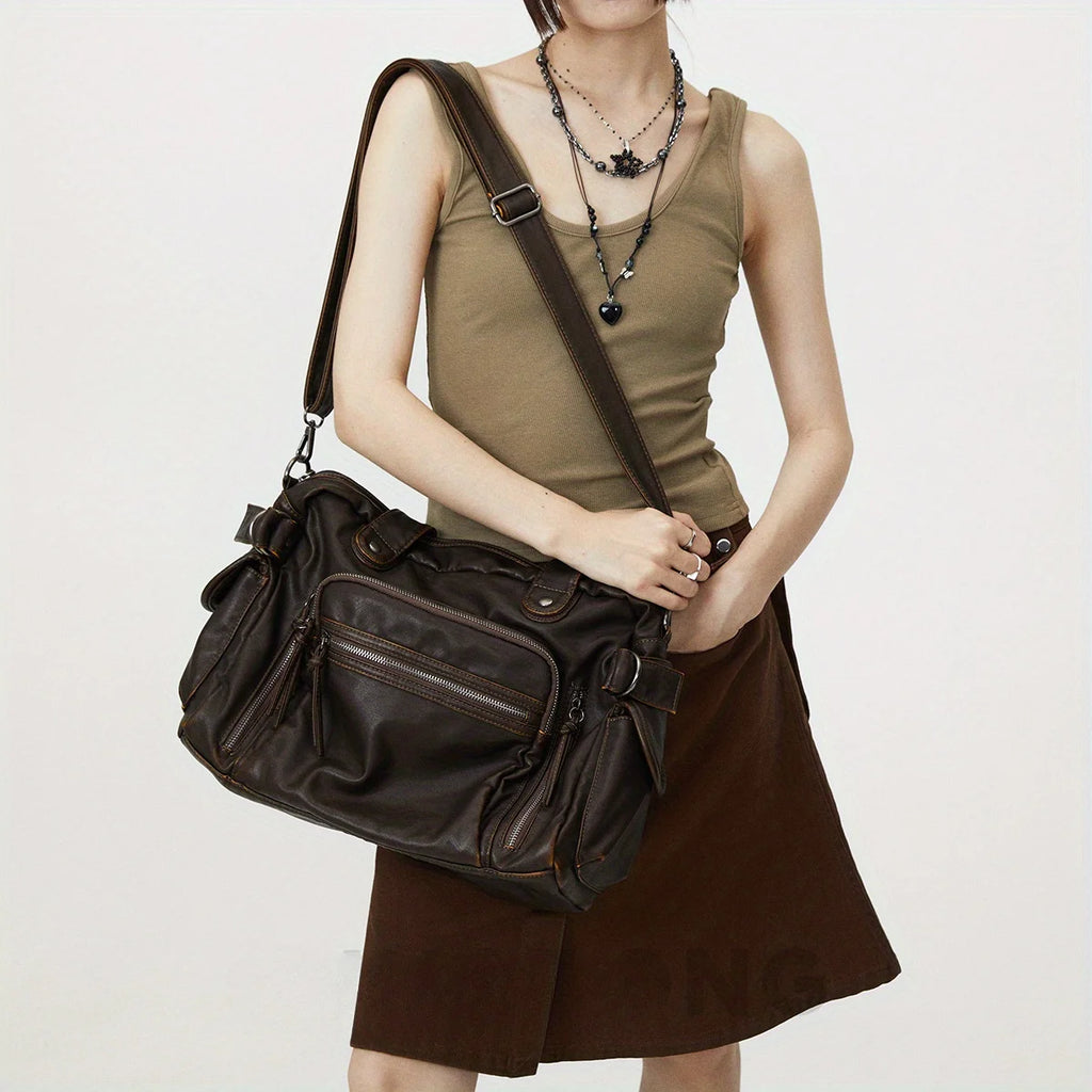 Retro tote bag motorcycle bag soft PU leather large capacity shoulder bag Y2K punk multi pocket crossbody bag