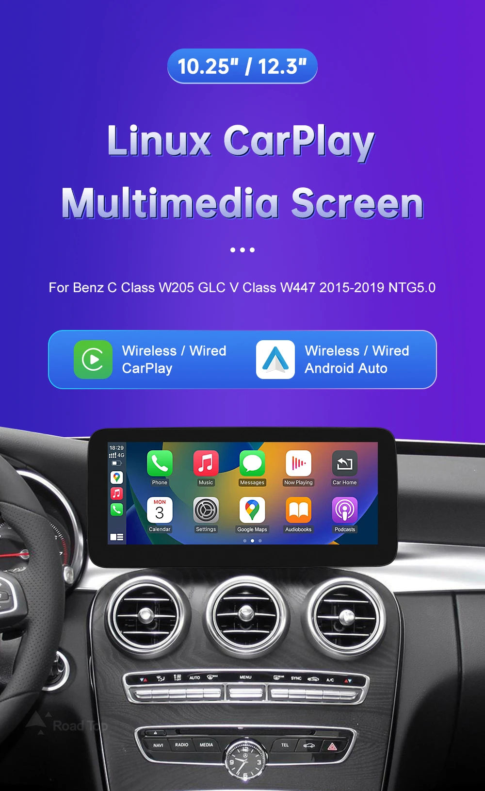 Wireless Carplay Linux Screen for Mercedes Benz W205 GLC A C V Class W447 CLA GLA 2015-2019 GPS With Android Auto Car Multimedia