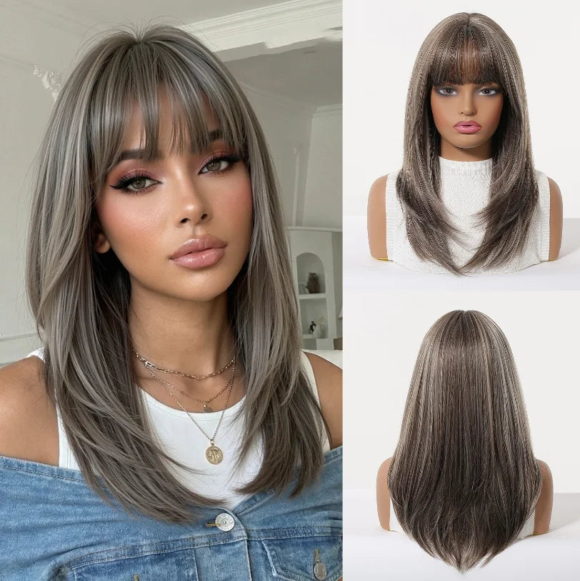 ALAN EATON Long Brown Highlight Synthetic Wigs Layered Straight Hair Wig Realistic Fake Hair for Daily Wear High Temperature Wig