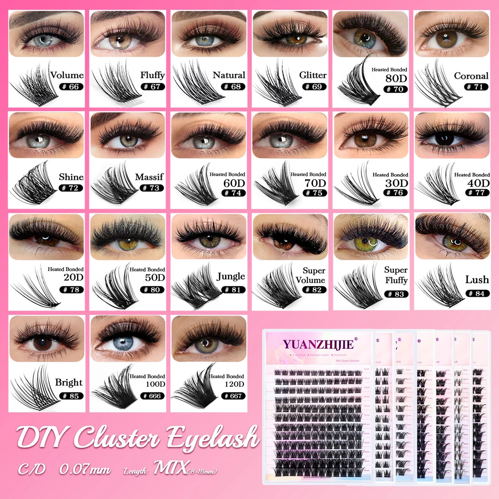 YUANZHIJIE DIY Cluster Eyelash Extension 12lines Dovetail Segmented Lashes Natural Lighter Bundle Makeup Supplies