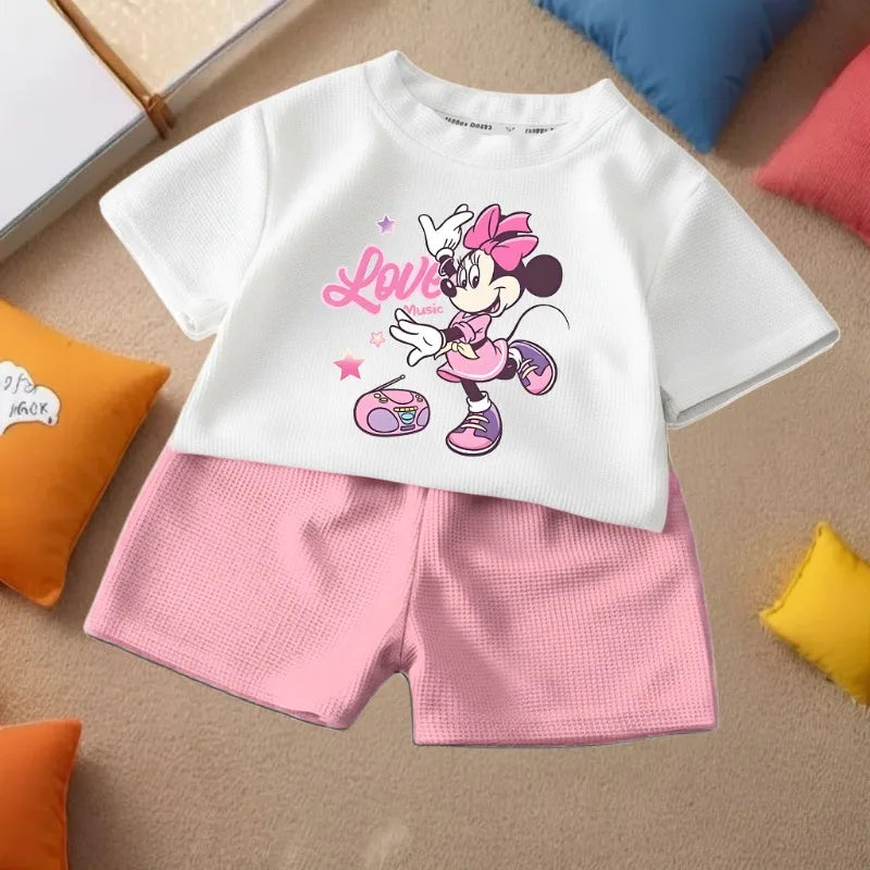 DISNEY Children's Casual T Shirt and Shorts 2pcs Sets Cute Minnie Printed Girls Fashion Outfits Summer Kids Outdoor Shorts Set