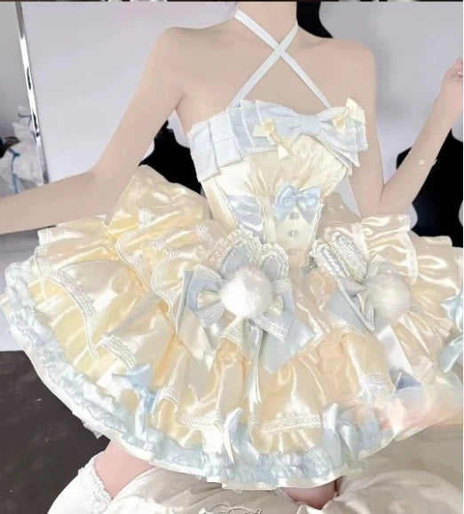 New Girls Birthday Lolita Dress 2026 Spring and Summer Women's Tube Top Satin Bowknot Slim Pettiskirt Short Mini Party Dress