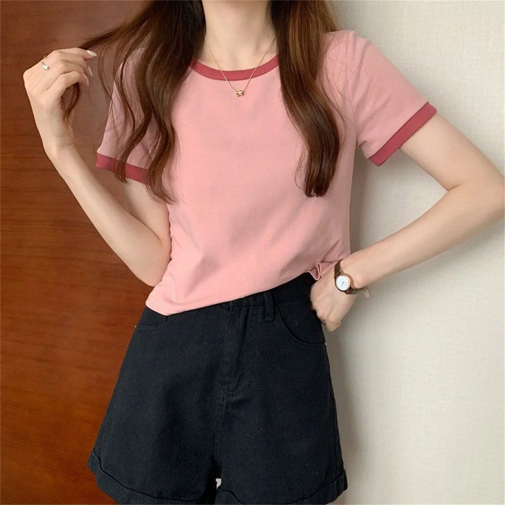 Fashion Patchwork T-shirts Women Basic Tee Casual Oversized Tops Quality Unisex Short Tshirts Tees Girl Summer Clothing Tops