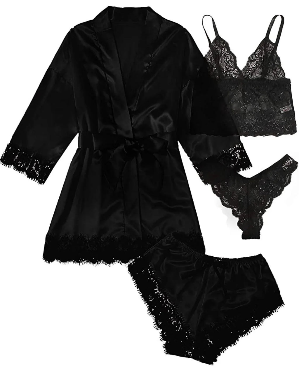 4pcs Women Striped Lingerie Set Lace Trim Robe Camisole Shorts Panties Nightwear Sleepwear Homewear Sexy Pajamas Outfit
