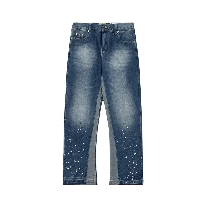 American retro washed letter spliced denim trousers high street trendy brand couple loose straight micro-flared long trousers