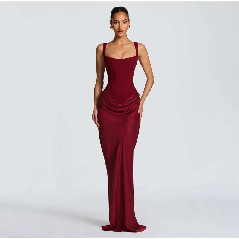 Women's Red Pleated Sling Maxi Dress Square Neck Sleeveless Off-shoulder Waist Cinching Slim Dresses Fashion Evening Party Gowns