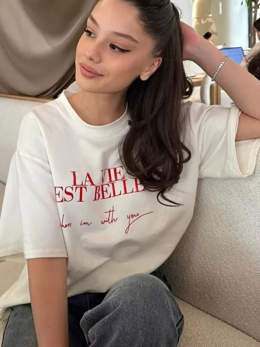Summer American Ins Mid-length Temperament Printed T-shirt Street Personality Women's Letters Versatile Cotton Short-sleeved Top