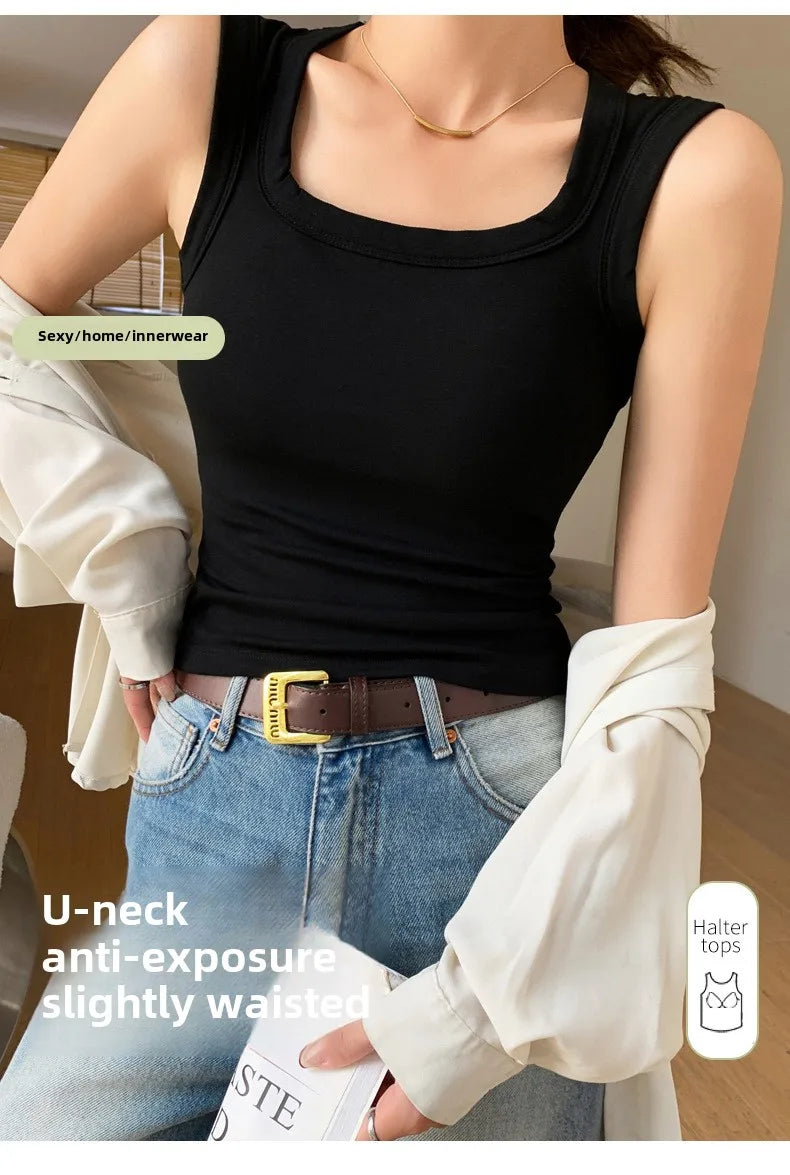 2026 New Wide Shoulder Strap Women's Vest with Chest Pad Summer All-match I-shaped Vest Slim Fit Base Top Fashion Outer Wear