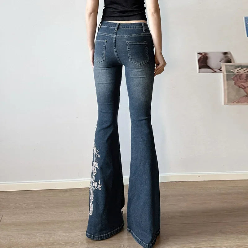 Retro Y2k Jeans Baggy Floral Embroidery Jeans Women Vintage 2000s Low Rise Flared Denim Pants High Street Basic Trousers