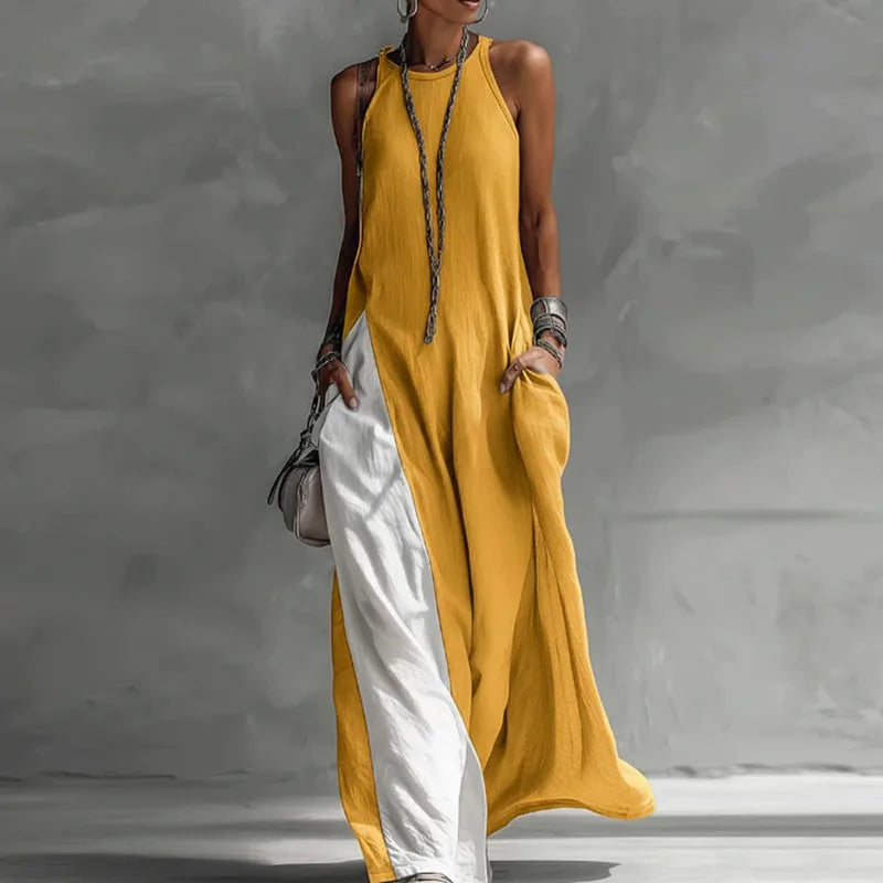 Casual Sleeveless Summer Boho Vacation Maxi Dress Woman Sexy O Neck Contrast Color Long Dress Spring Pocket A-Line Party Dresses