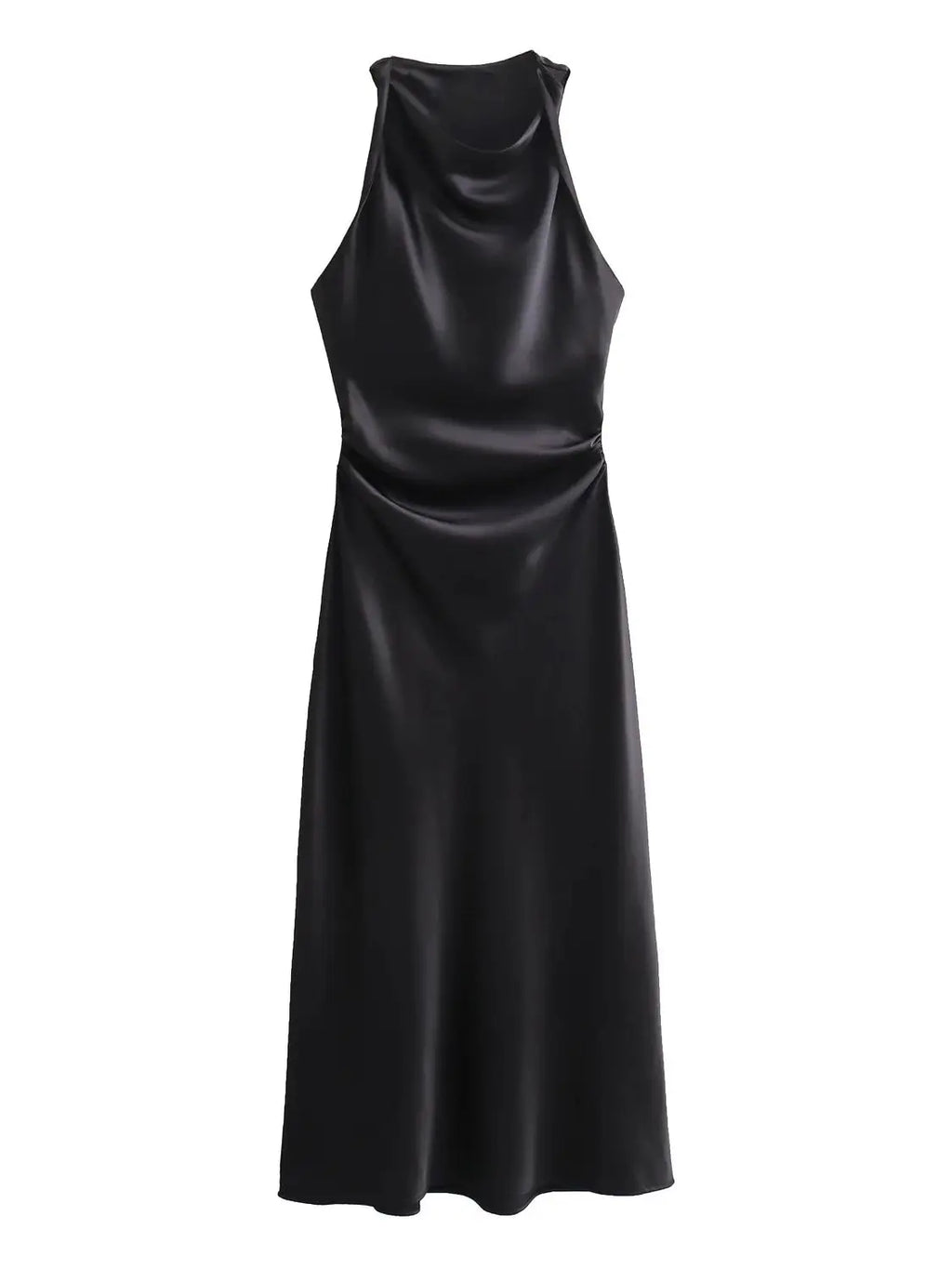 XNWMNZ 2024 Women's Fashion Satin Midi Dress Women High Street O Neck twisted armholes Waist Gathered Fit female Midi Dresses