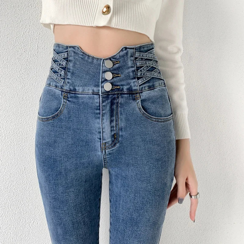 Skinny Pencil Y2K Jeans Four Buttons Vintage High Waist Women Slim Stretch Denim Pants Tight Trousers 2025 Women's Denim Pants