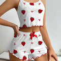 Women's Strawberry Print Ribbed Knit Ice Silk Camisole Pajama Set Comfortable Two-Piece Sleepwear for Summer