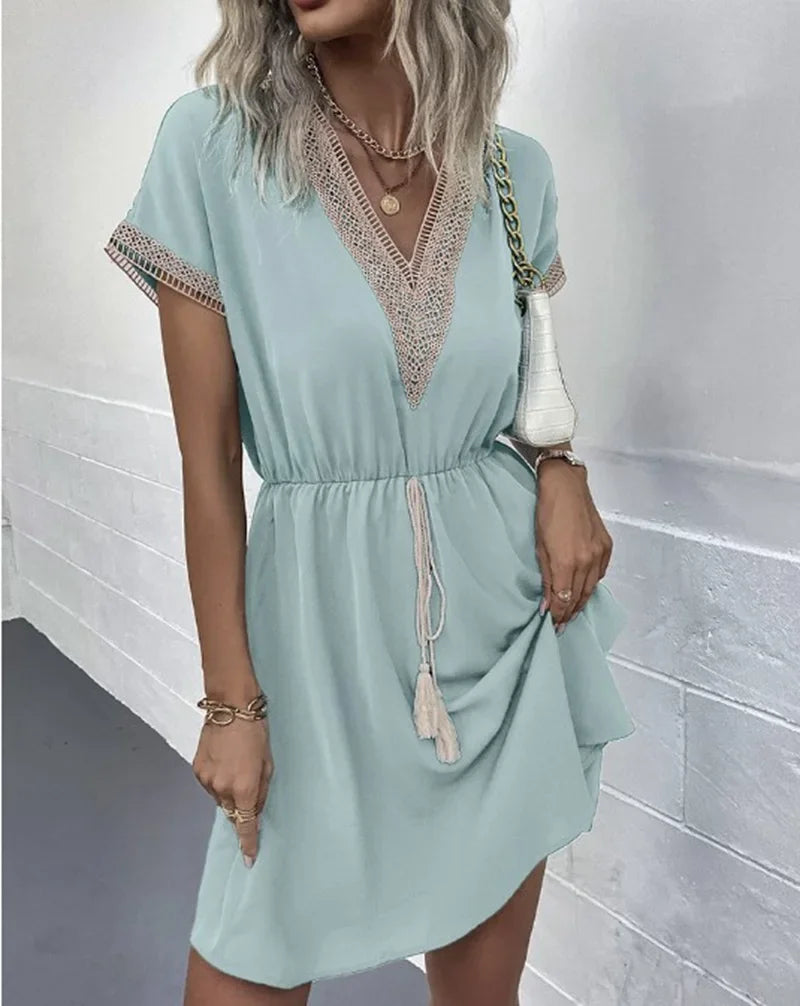 Summer Solid Short Sleeve Lace V Neck Waistband Female Beach Midi Short Dress Elegant Women's Sweet White Solid Color Dresses