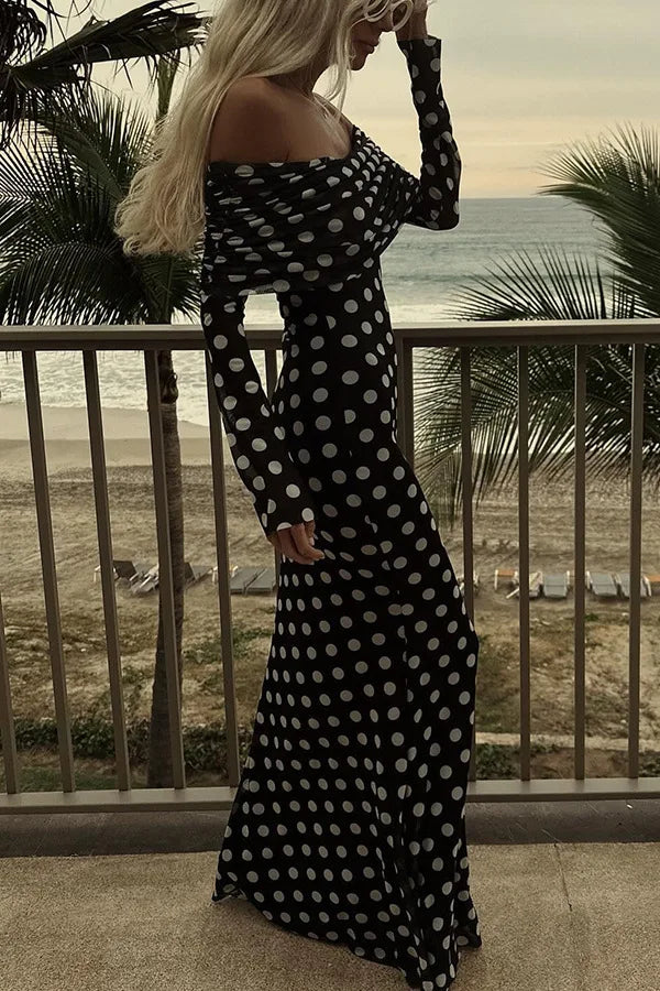 Summer Fashion Vacation Style Fashion Party Women's Long Elegant One Shoulder Wave Dot Print Slim Fit Sexy Long Retro Dresses