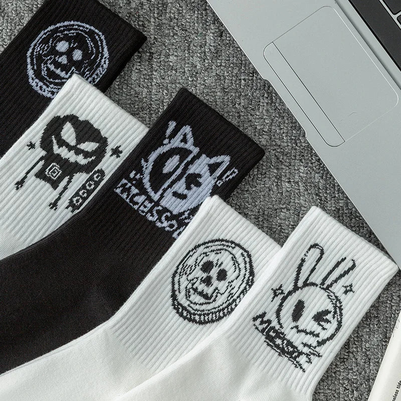10 pairs of funny little devil pattern socks, casual and personalized, black and white colors suitable for various trendy occasi