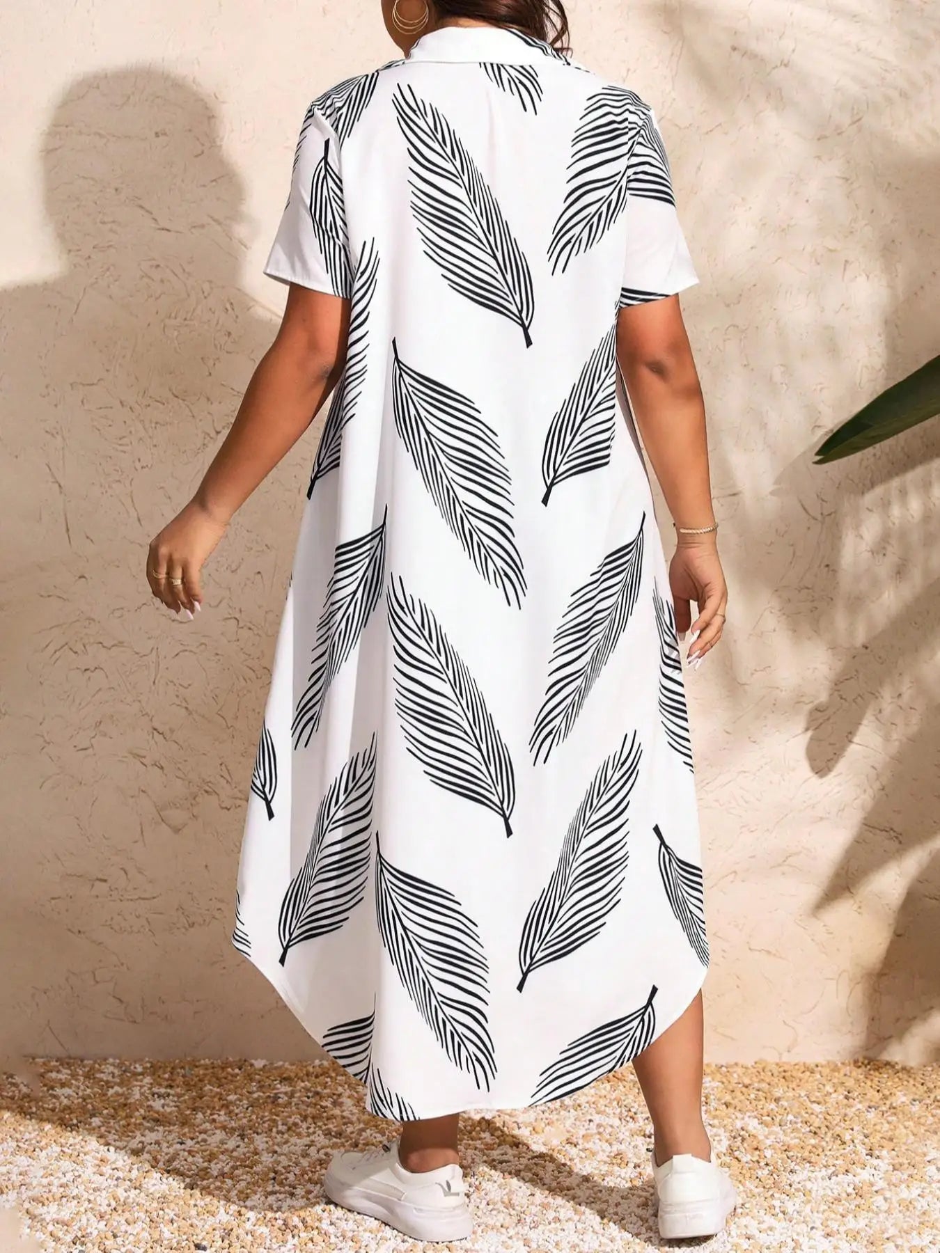 Plus Size Leaf Print Collared Dress, Casual Short Sleeve Dress for Daily Wear, Women's Plus Clothing for All Seasons