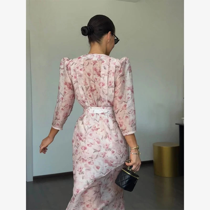 Fashion Organza Floral Printed Maxi Dress V-Neck Puff Sleeve 2026 Spring/Summer Romantic Women Party Gown Elegant Lady Vestido