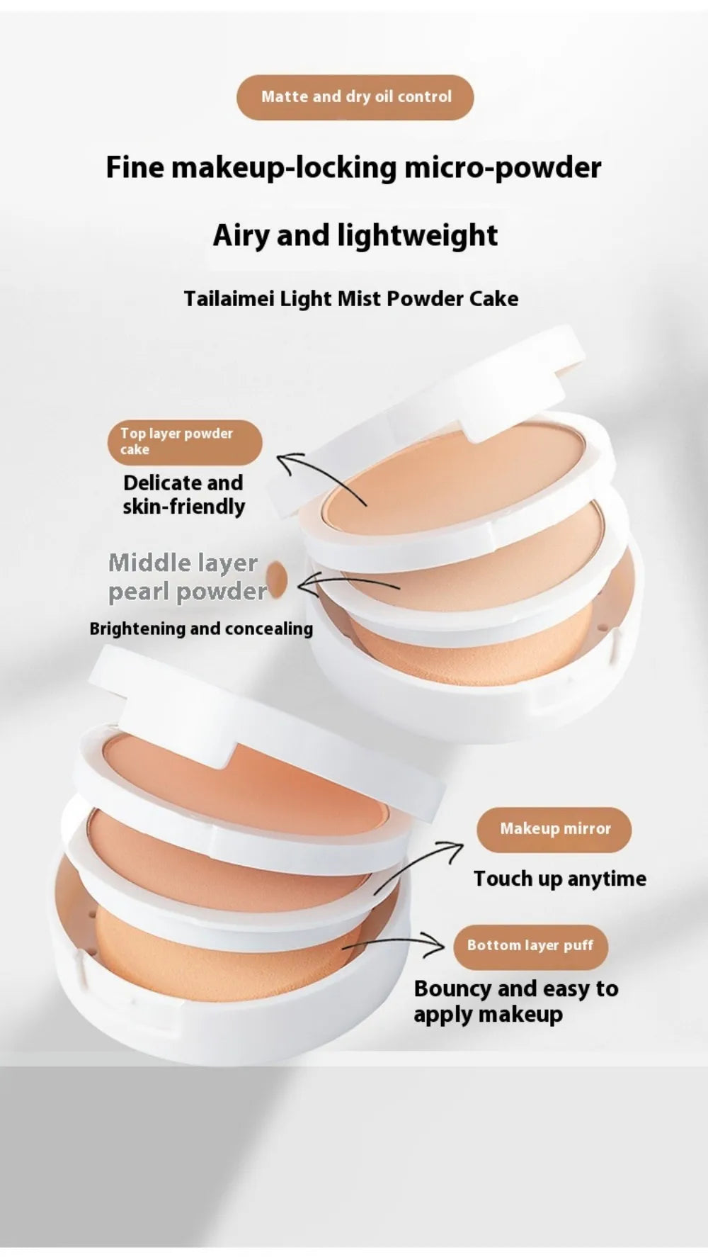 TLM TAILAIMEI  Two-Way Cake Compact Powder with Puff Matte Finish Face Powder Makeup Oil Control Lightweight Pressed Powder P105