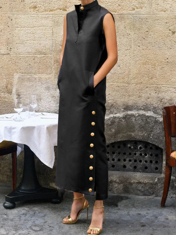 UOOZEE Female Vintage Solid Color Split-Side Stand Collar Party Evening Dresses 2025 New Summer Buttoned Casual Shirts Dress