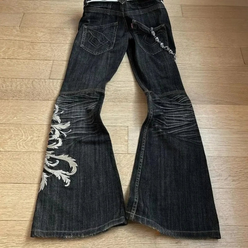 New High Waist Harajuku Loose Embroidered Women Jeans with Rock Punk Style Y2K Micro La Retro Wide Leg Pants