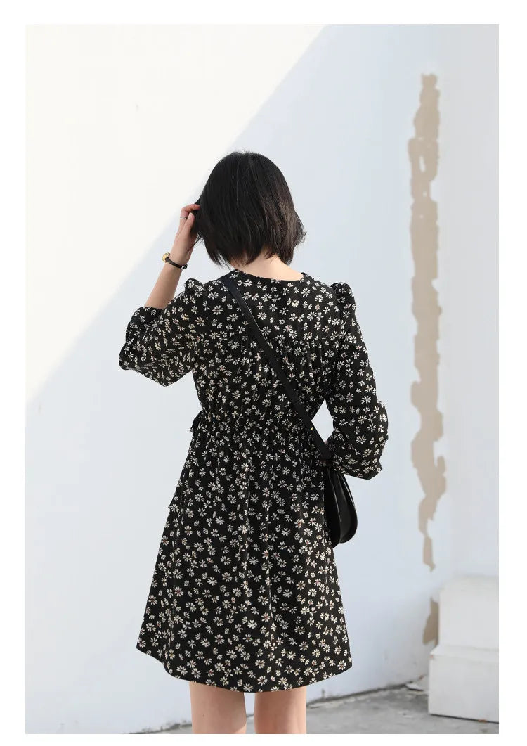 CHIC VEN New Women Dresses Long Sleeved Retro V-neck Black Floral Female Dress Elastic Waisted Lace Up Spring Summer 2026