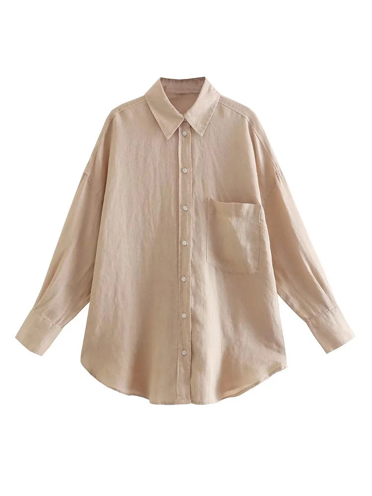 Women Fashion With Pocket Oversized Shirts Vintage Long Sleeve Button-up Female Blouses Blusas Chic Tops