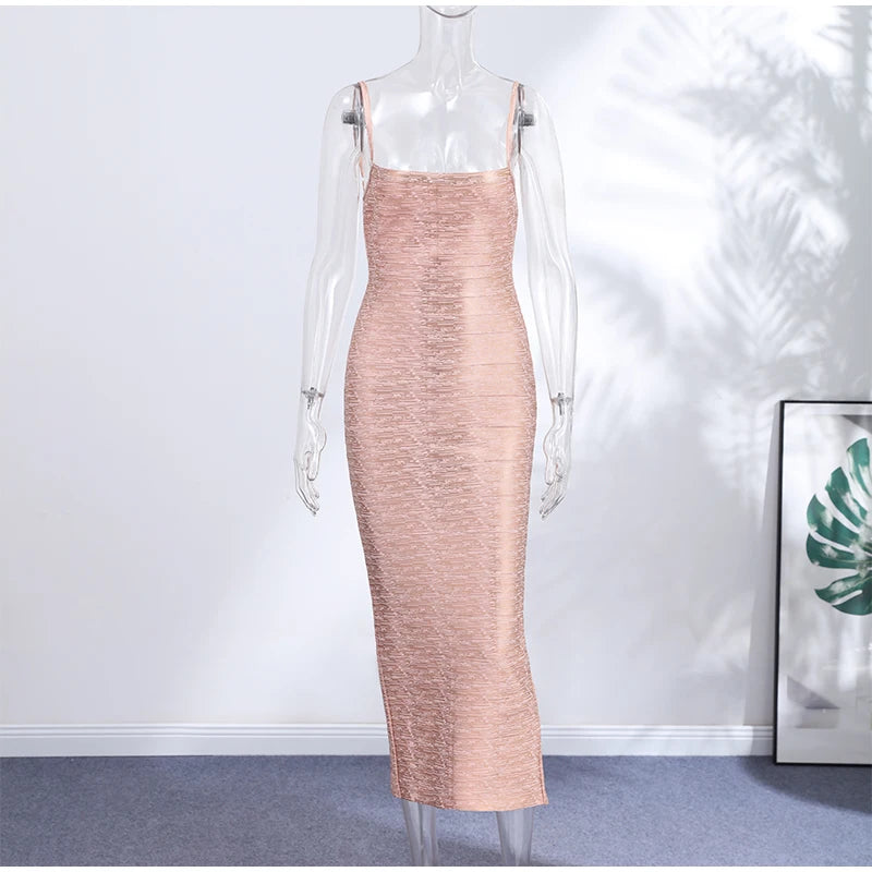 Metallic Shimmer Spaghetti Strap Sweetheart Neck Maxi Dress Bodycon Bandage For Women Night Out Party And Evening Wear