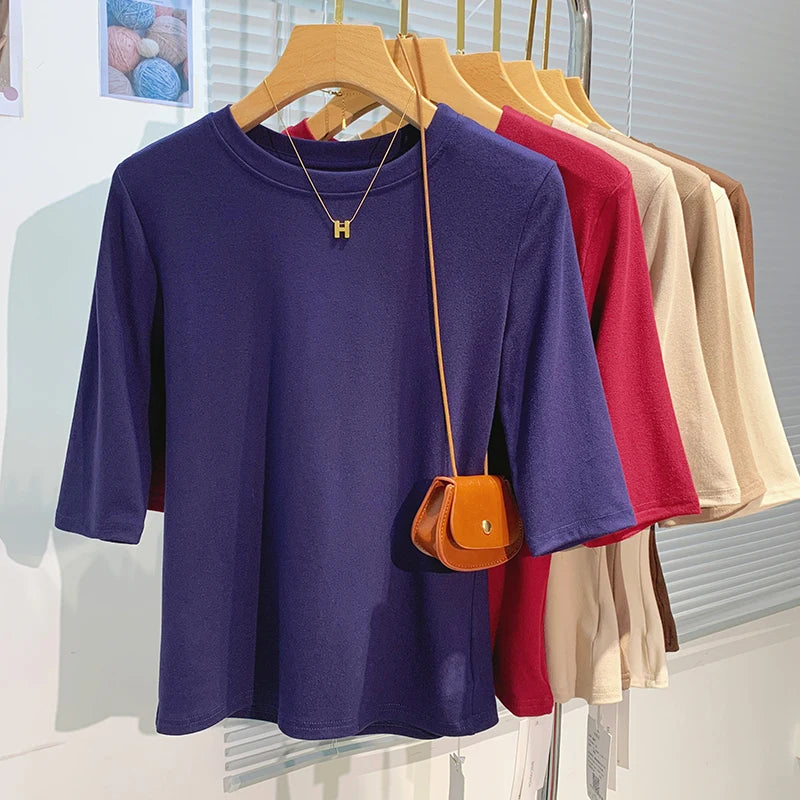 AOSSVIAO 2026 Summer 100% Cotton Women's T-shirt Bottoming Basic Crew Neck Fashionable Solid Lady Short Sleeve Tops Shirts