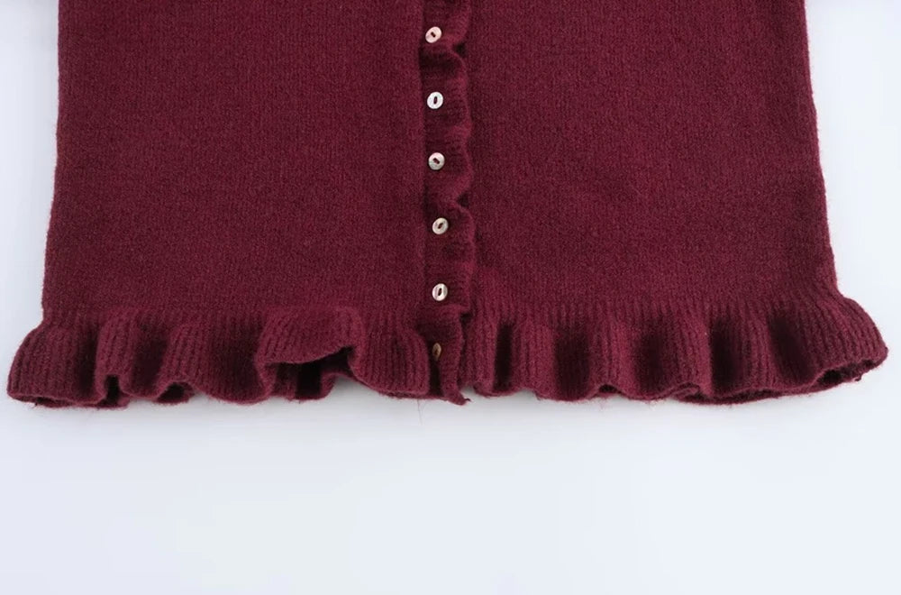 Women's Ruffled Knit Cardigan Sweater O-Neck Long Sleeve Chic Top with Front Buttons Fashion Outerwear