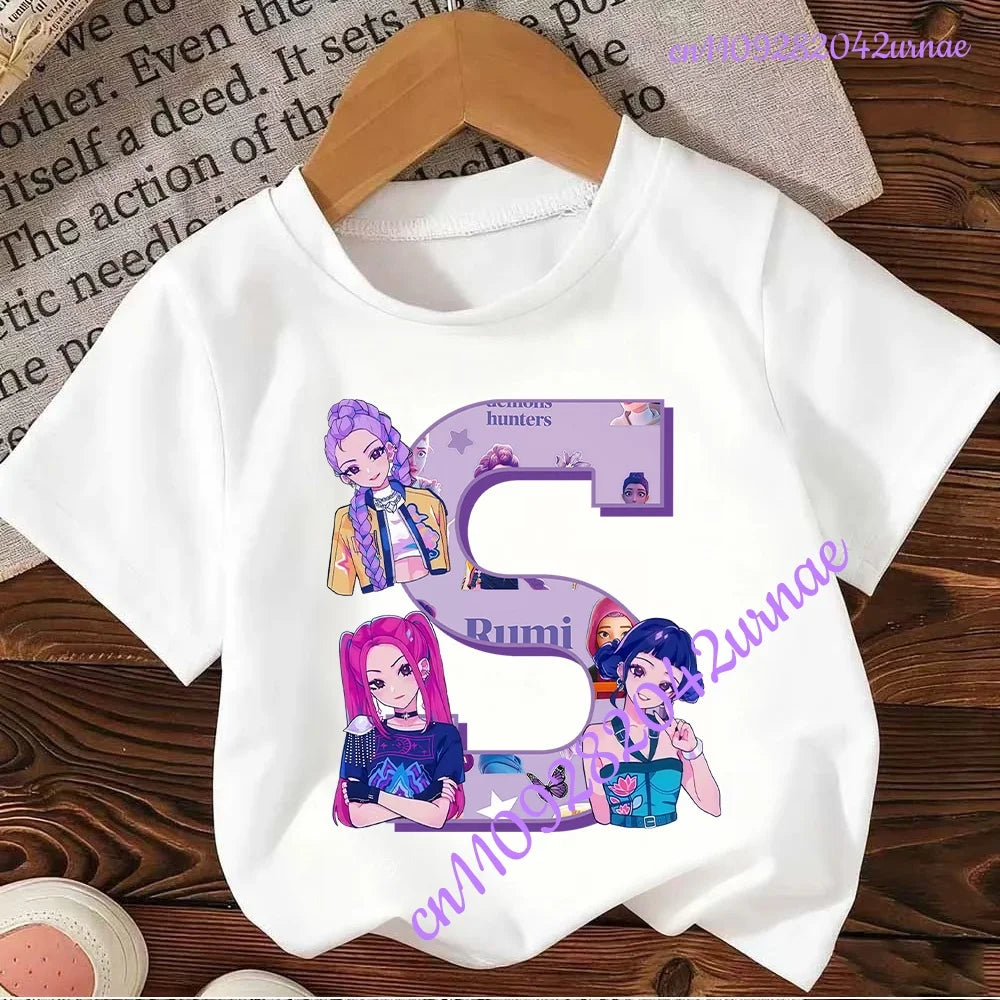 Kpop Demon Hunters Letter A-Z T-shirt Kawaii Rumy Birthday Tops Party Wear Girls Tee Summer Short Sleeve Cotton Kid Clothes
