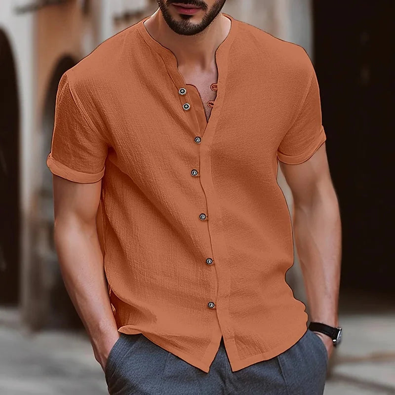 Men's Simple Texture Linen Round-neck Short-sleeve Button-down Solid-color Shirt, Comfortable and Casual Summer Daily Top