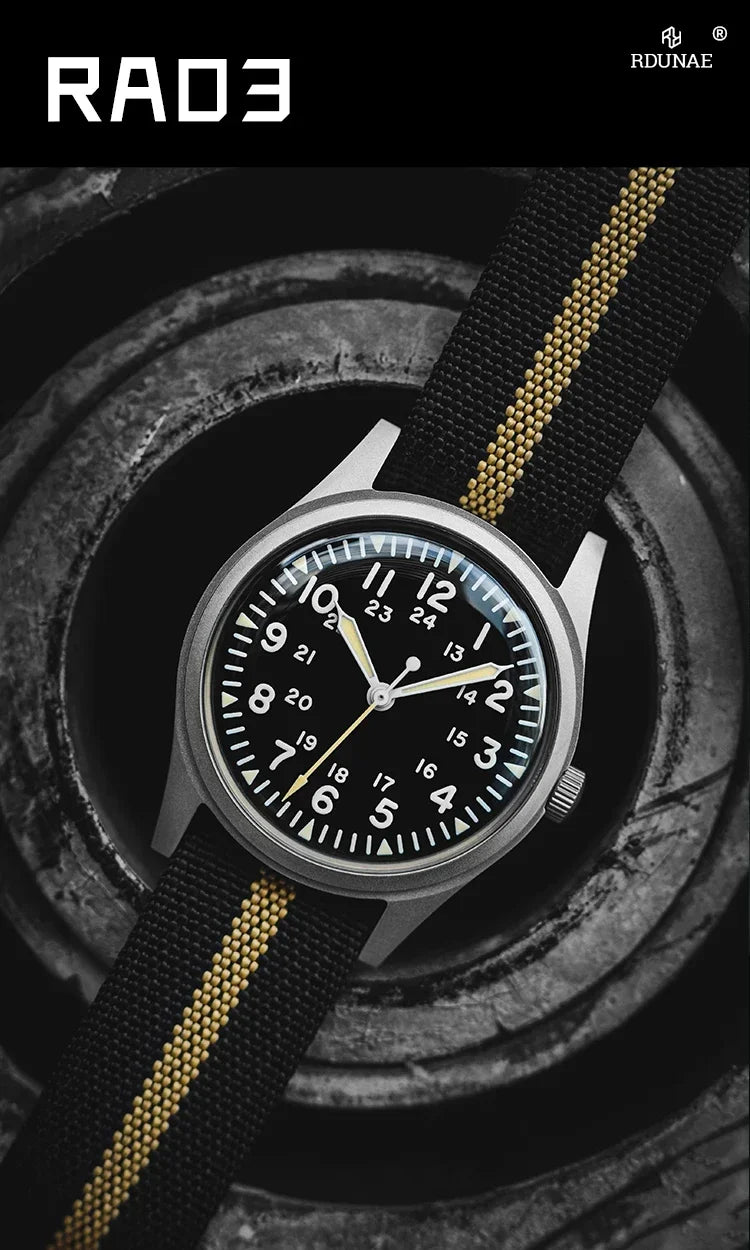 2025 New RDUNAE RA03 34.5mm Military Men Vintage Quartz Watch G10 Miyota 2035 Watches K1 Mineral Glass Stainless Steel Wristwatc