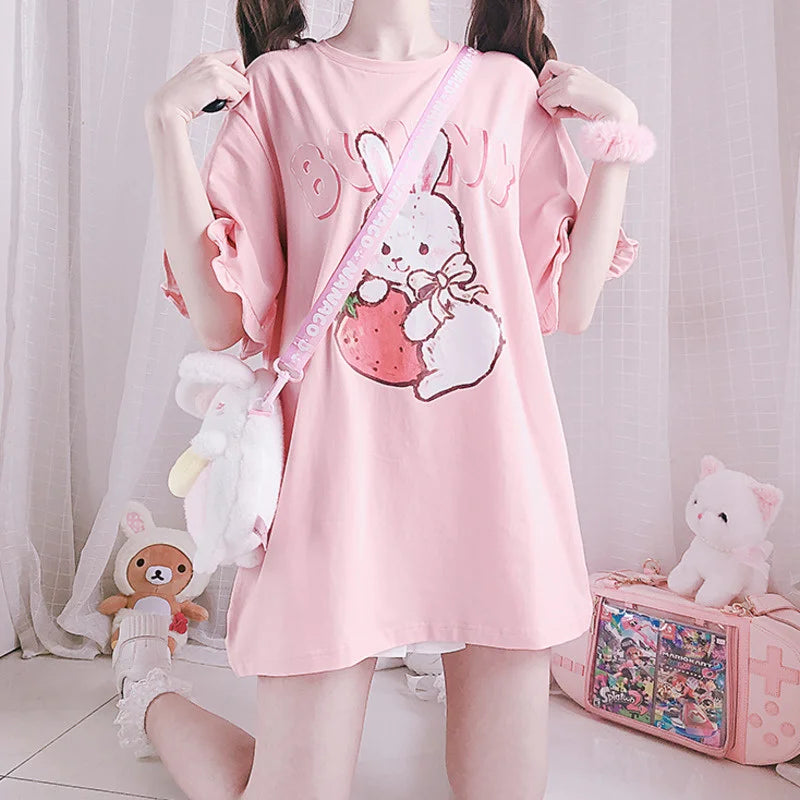 Summer Women Cute Lolita Pink T-Shirts Cartoon Strawberry Rabbit Print Tshirt Ruffles Short Sleeve Tops JK Girls Kawaii Tee Top