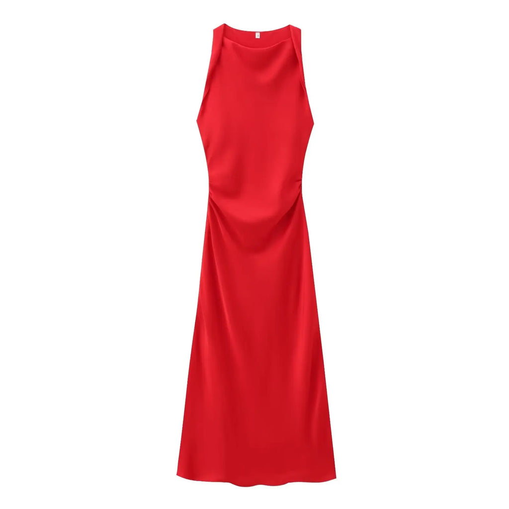 XNWMNZ 2024 Women's Fashion Satin Midi Dress Women High Street O Neck twisted armholes Waist Gathered Fit female Midi Dresses