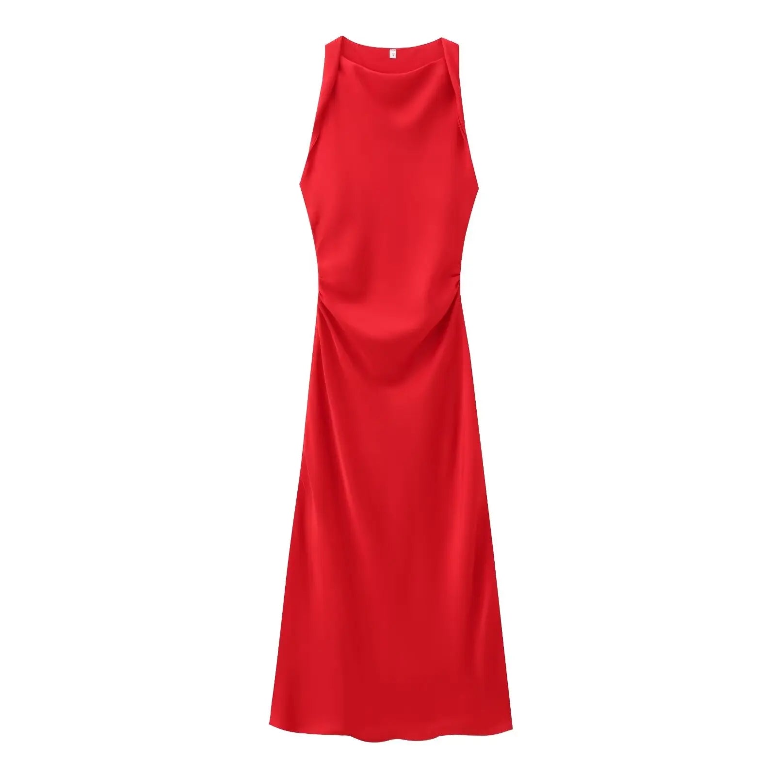 XNWMNZ 2024 Women's Fashion Satin Midi Dress Women High Street O Neck twisted armholes Waist Gathered Fit female Midi Dresses